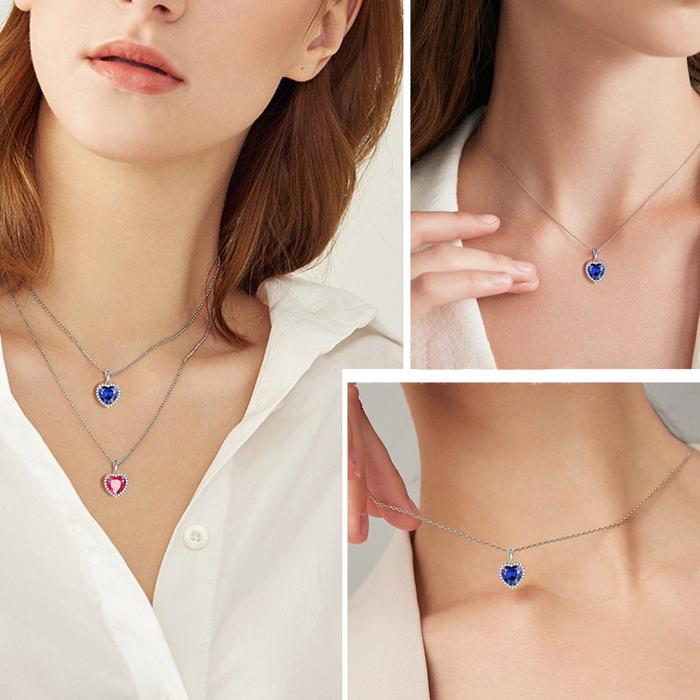 September Birthstone Necklace for Women, Blue Heart Necklace Sapphire Crystal CZ 925 Sterling Silver Necklaces Pendant Jewelry Girls Birthday Valentine'S Day Gifts