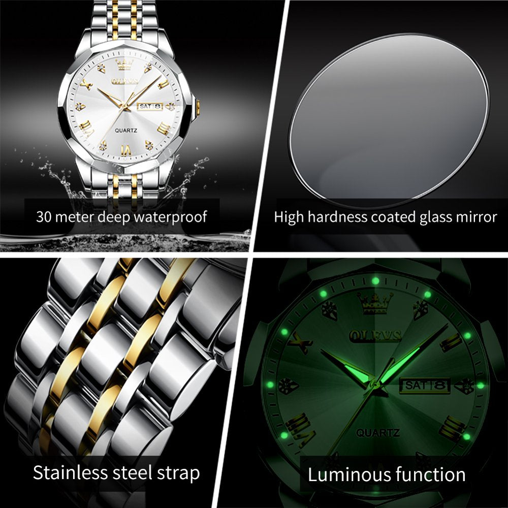 Mens Watches Gold Sliver Stainless Steel Watch Blue Face Watches with Day Date Analog Quartz Waterproof Watches for Men Fashion Two Tone Watch Men Business Luminous Wrist Watches