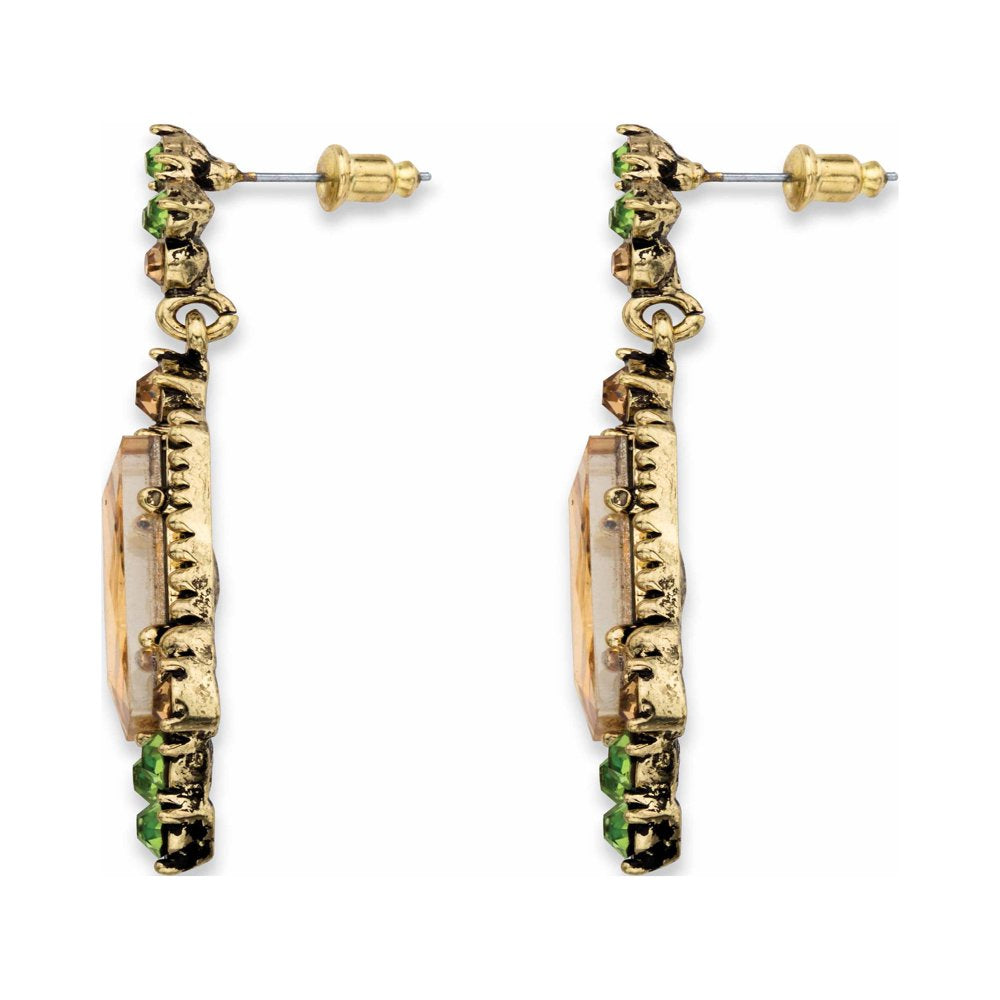 Baguette-Cut Champagne and round Green Faceted Crystal Vintage-Style Drop Earrings in Antiqued Goldtone 2"