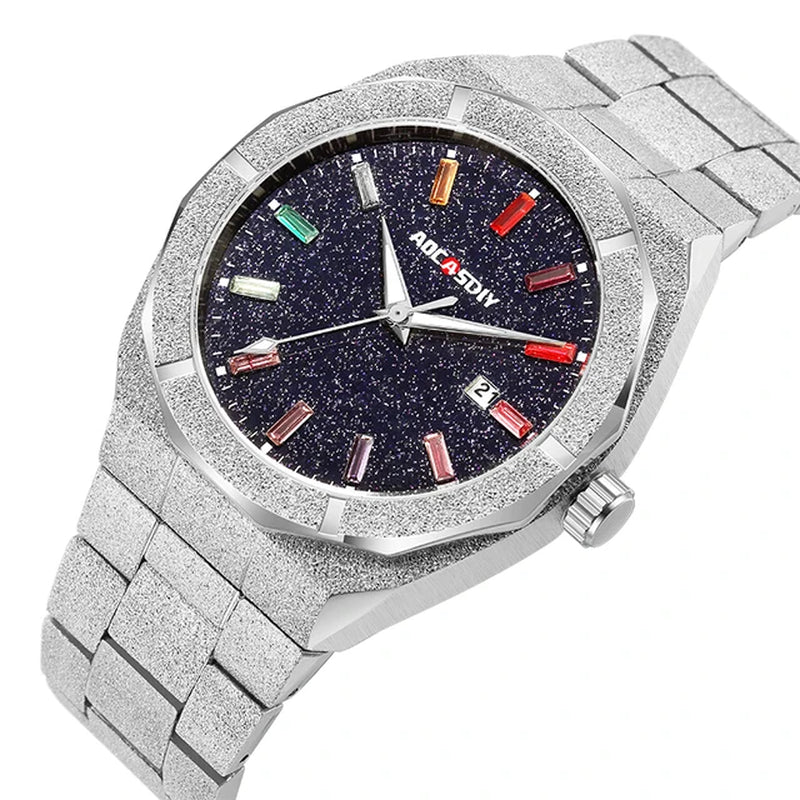 Luxury Men Watche Colourful Crystal Waterproof Bling Dial Frosted Star Dust Rainbow Watch for Men