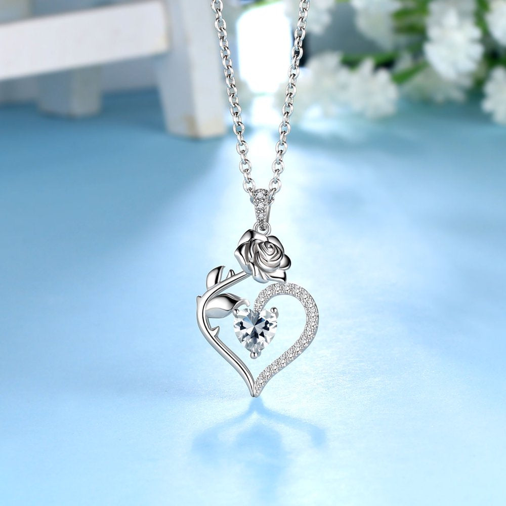925 Sterling Silver Birthstone Necklace for Women Rose Flower Heart Pendant Necklace Fine Jewelry Anniversary Birthday Christmas Gifts for Women Girls