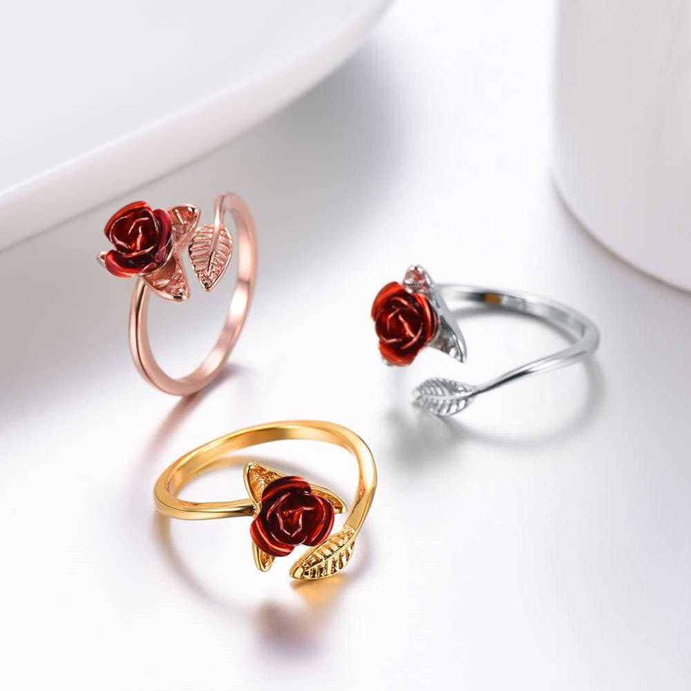 Rose Flower Ring Adjustable Dainty Flower Open Rings Jewelry Wedding Valentine Gifts for Women Girl(Rose Gold)