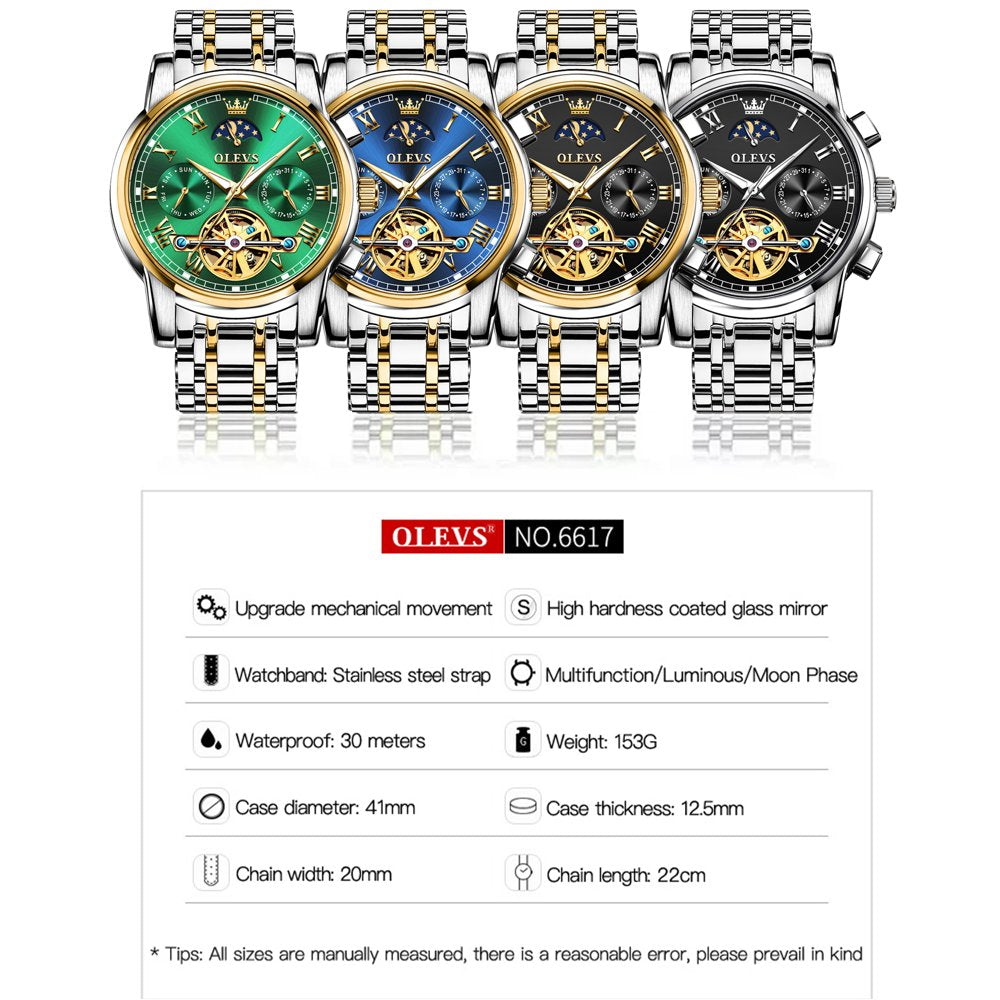 Automatic Watches for Men Skeleton Mechanical Self Winding Luxury Business Dress Watch Moon Phase Day Date Waterproof Watch Reloj Para Hombre, Gifts for Men, Male Watch 6617