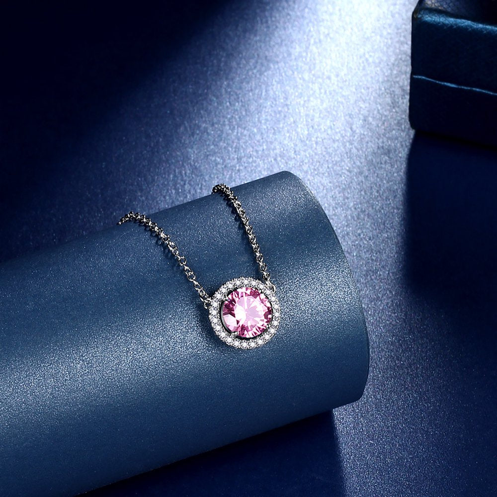 October Birthstone Necklaces Silver Plated Pink round Shape Pendant Jewelry Gift for Women