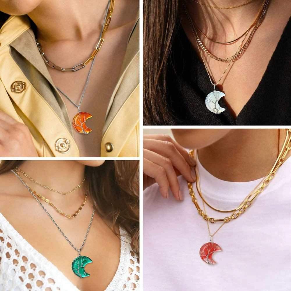 Birthstone Necklace for Women Gilrs Tree of Life Crescent Moon Pendant Necklace Nature Aventurine Healing Crystal Necklaces August