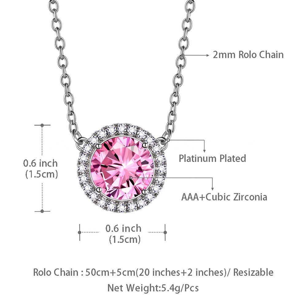 October Birthstone Necklaces Silver Plated Pink round Shape Pendant Jewelry Gift for Women