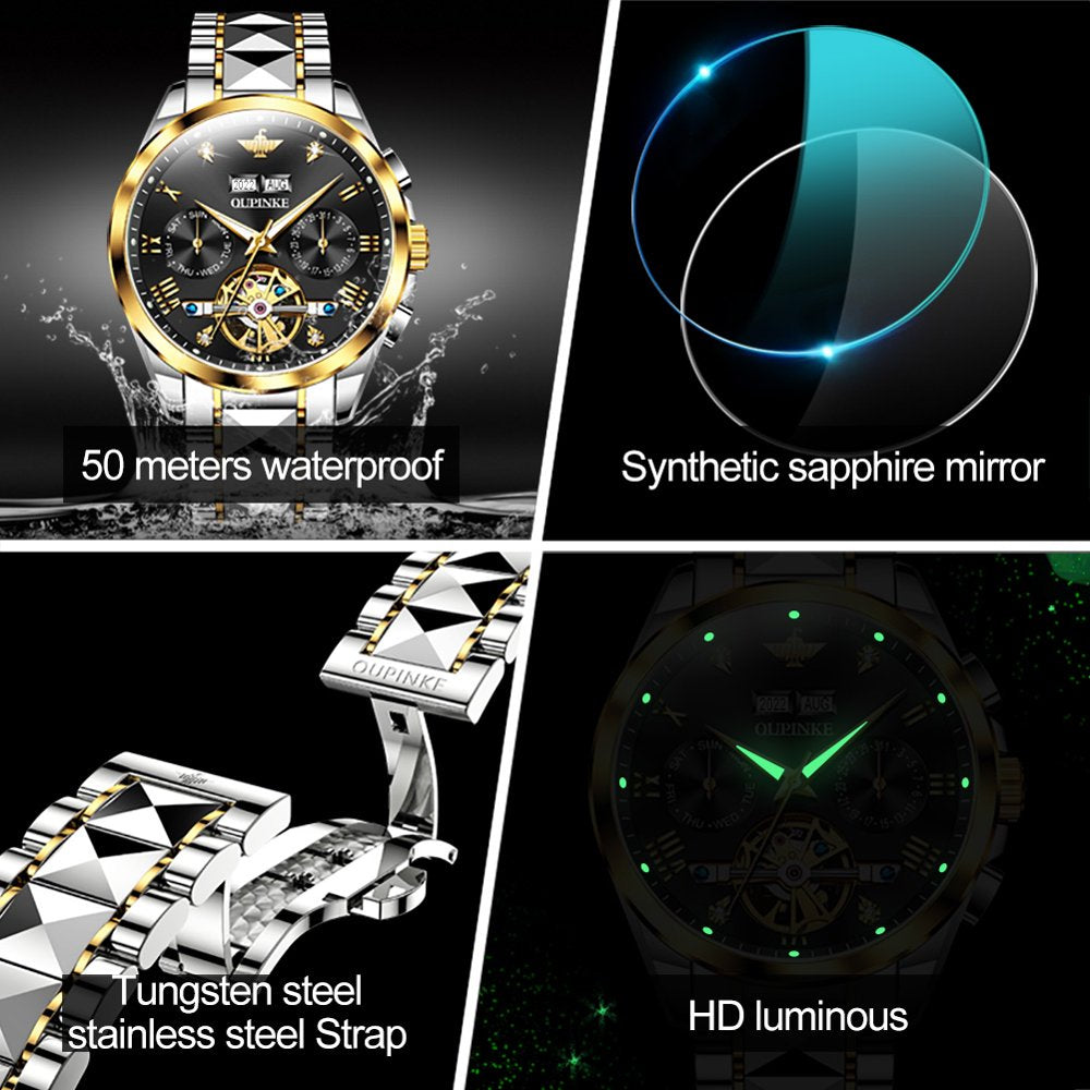 Automatic Watches for Men, Diamond Skeleton Self Winding Luxury Dress Mens Watch Sapphire Crystal Tungsten Steel Band Luminous Waterproof Reloj, Gifts for Men