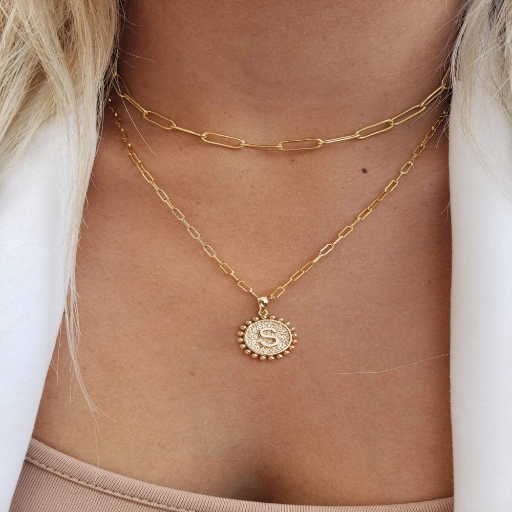 Gold Initial Necklaces for Women Girls 14K Gold Plated Dainty Layering Paperclip Link Chain Necklace Coin Initial Layered Gold Necklaces for Women