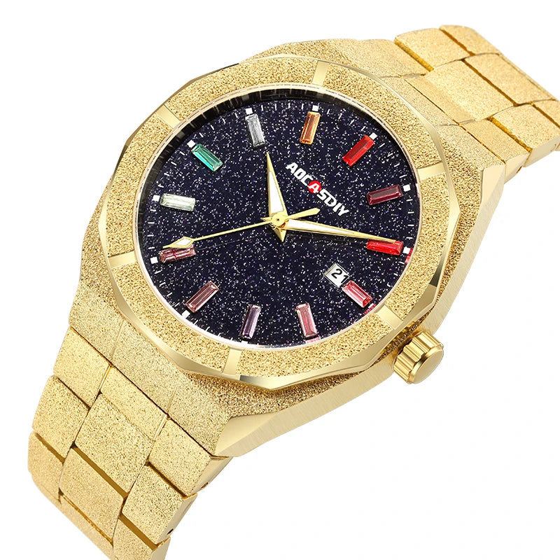 Luxury Men Watche Colourful Crystal Waterproof Bling Dial Frosted Star Dust Rainbow Watch for Men