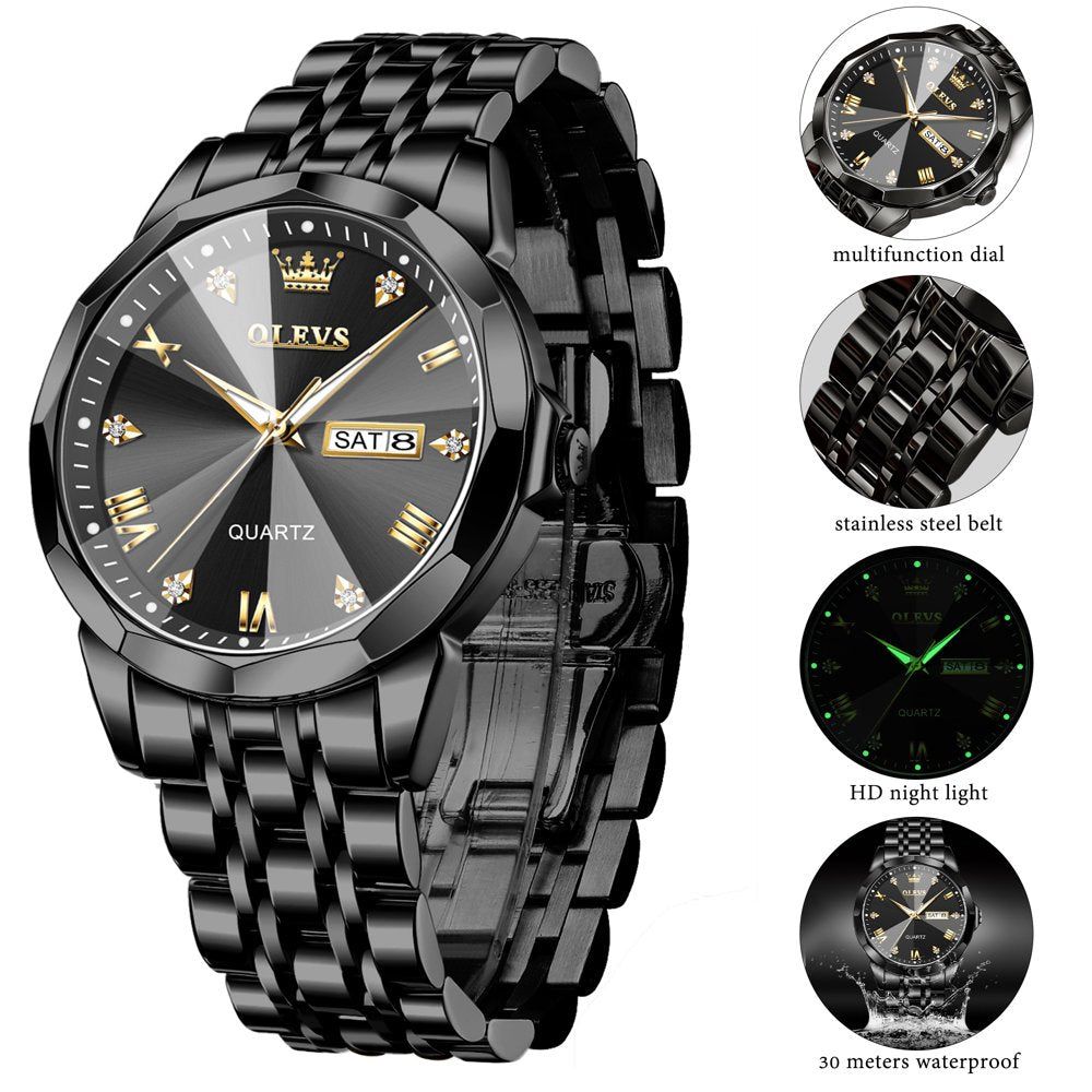 Black Watch for Men Diamond Luxury Casual Stainless Steel Date Quartz Watch Waterproof Luminous, Gifts for Men, Adult Male Wristwatch