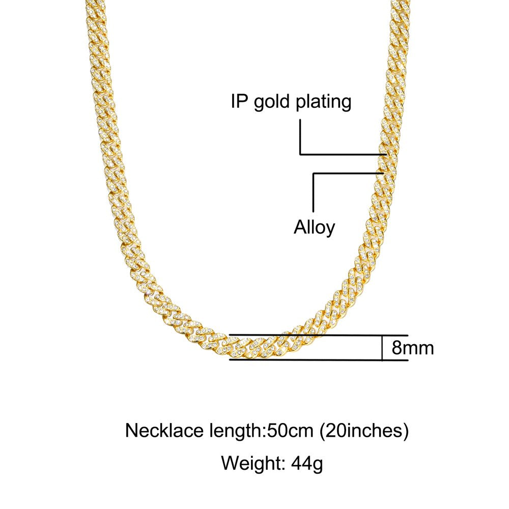 Male Zircon Cuban Chain Necklaces for Men Women Hip Hop Gold Plated Teen Jewelry 8MM 20Inch