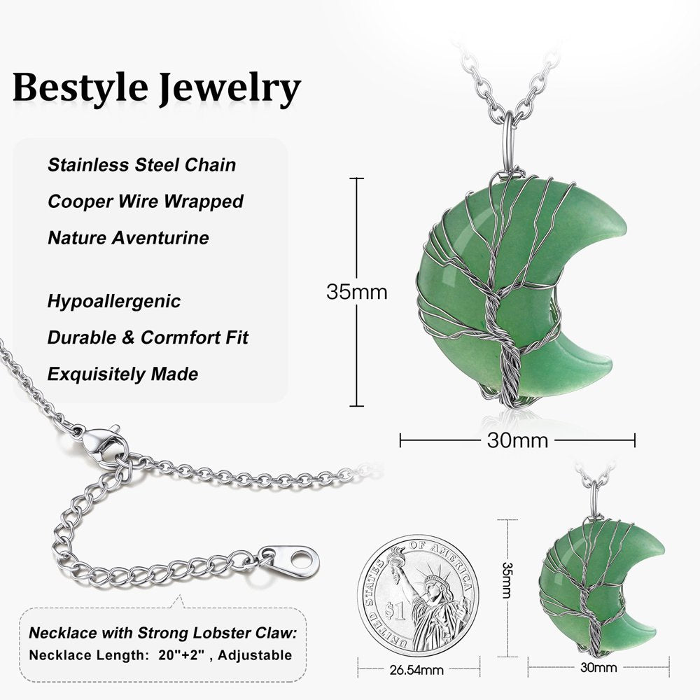 Birthstone Necklace for Women Gilrs Tree of Life Crescent Moon Pendant Necklace Nature Aventurine Healing Crystal Necklaces August