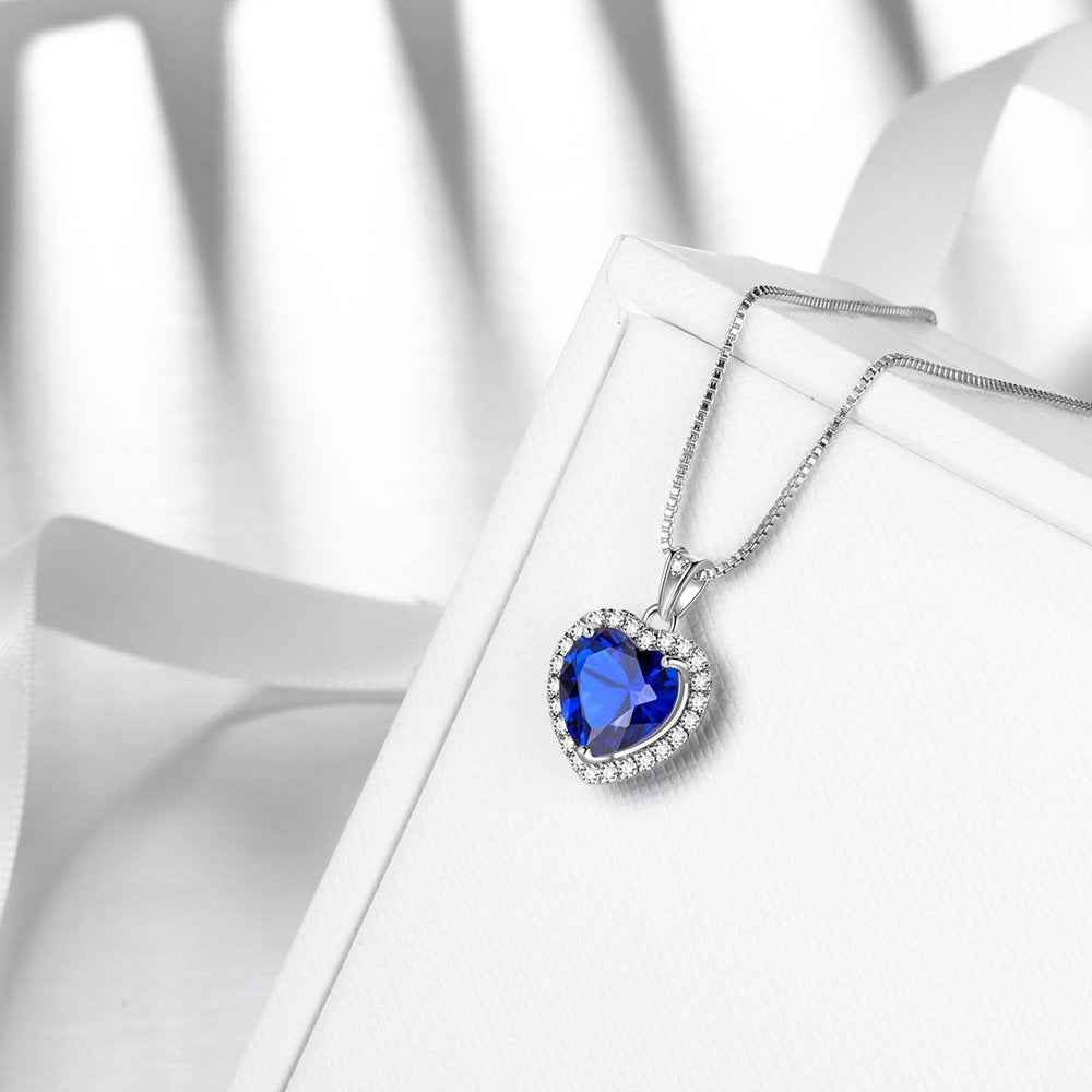 September Birthstone Necklace for Women, Blue Heart Necklace Sapphire Crystal CZ 925 Sterling Silver Necklaces Pendant Jewelry Girls Birthday Valentine'S Day Gifts