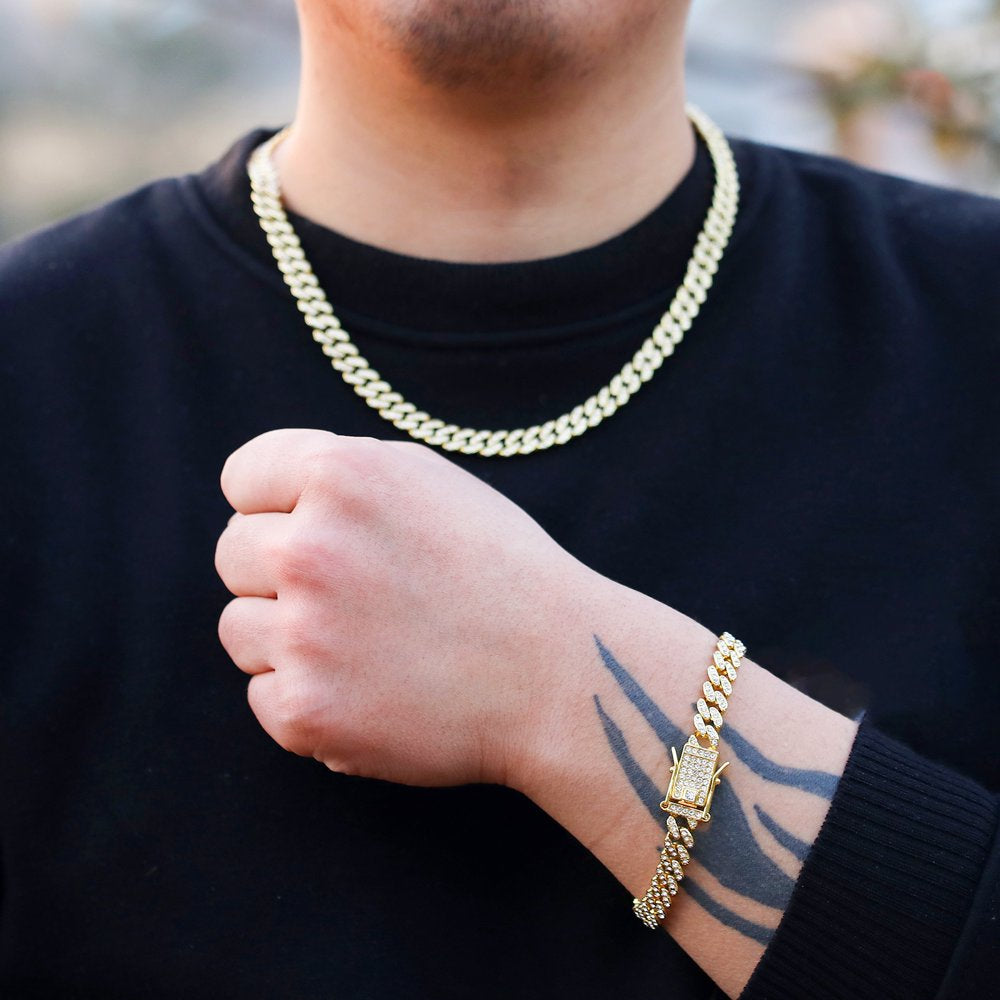 Male Zircon Cuban Chain Necklaces for Men Women Hip Hop Gold Plated Teen Jewelry 8MM 20Inch