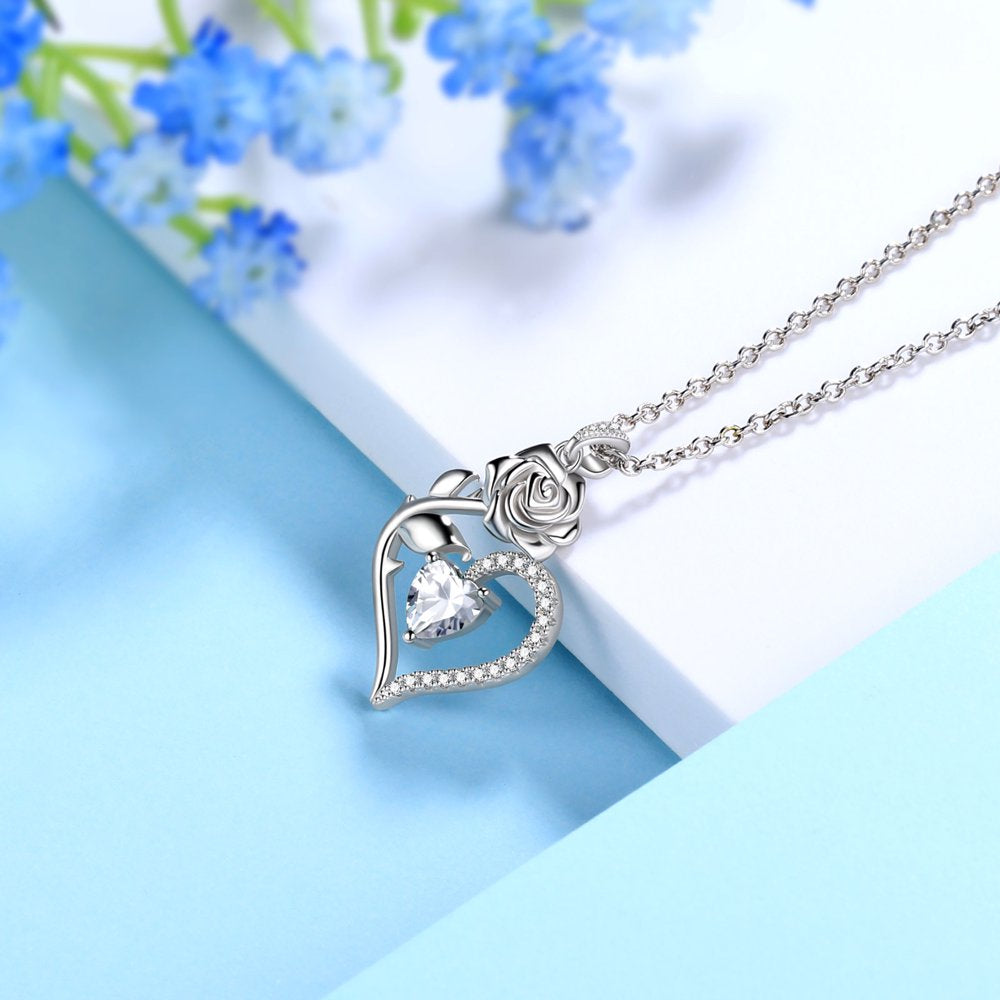 925 Sterling Silver Birthstone Necklace for Women Rose Flower Heart Pendant Necklace Fine Jewelry Anniversary Birthday Christmas Gifts for Women Girls